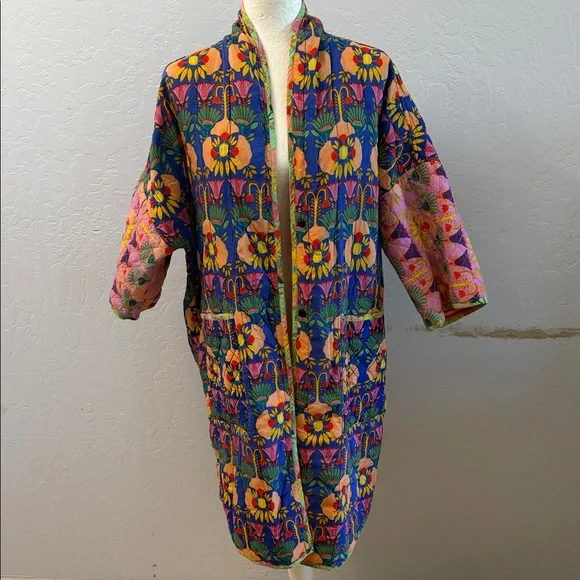 Anthropologie Quilted Floral Coat - Blue, Yellow, Pink, Green - Picture 1 of 9